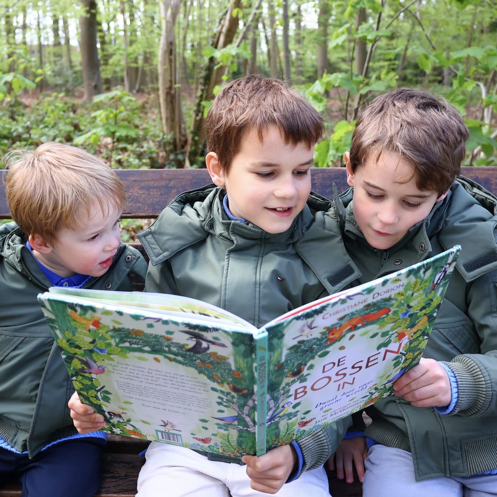 Broers lezen een boek in het bos.